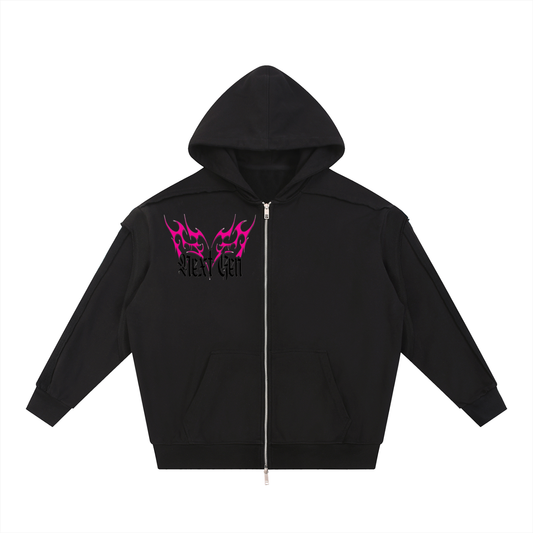 Contrast Tape Raw Edge Double Layered Zip Hoodie